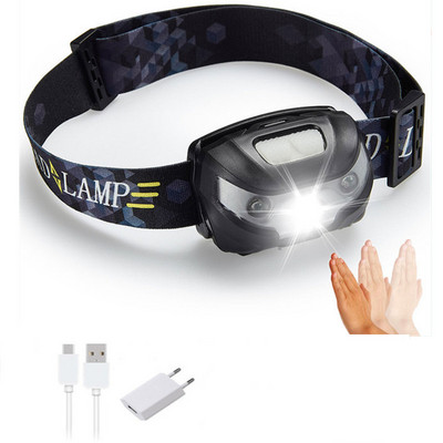 Mini LED priekšējais lukturis 6000LM ar ķermeņa kustības sensoru, USB uzlādējams priekšējais lukturis 4 režīmu kempinga kabatas lukturīša galvas gaismas lukturis
