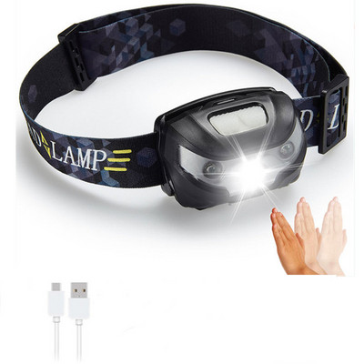 Mini LED priekšējais lukturis 6000LM ar ķermeņa kustības sensoru, USB uzlādējams priekšējais lukturis 4 režīmu kempinga kabatas lukturīša galvas gaismas lukturis