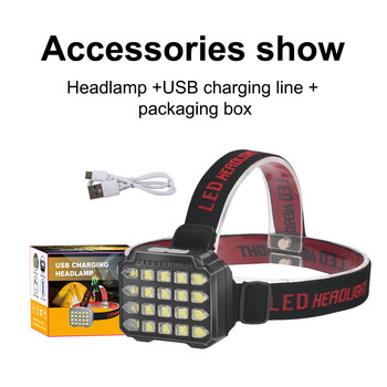 LED фар Риболовен фар 20*5054 Лампа Bead USB акумулаторна водоустойчива къмпинг светлина Супер ярки вградени 18650 батерии