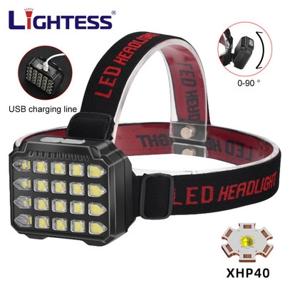 LED priekinis žibintas žvejybos priekinis žibintas 20 * 5054 lempos karoliukas USB įkraunamas vandeniui atsparus stovyklavimo apšvietimas itin ryškus, įmontuotos 18650 baterijos