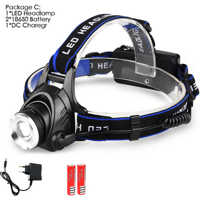 8000LM LED čelovka na rybárčenie T6/L2 3 režimy zoomovania vodeodolná super jasná kempingová lampa napájaná 2x18650 batériami