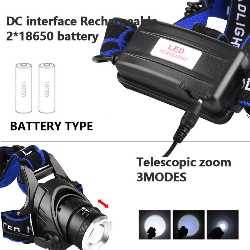 8000LM LED čelovka na rybárčenie T6/L2 3 režimy zoomovania vodeodolná super jasná kempingová lampa napájaná 2x18650 batériami