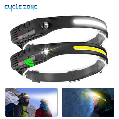 Lampă frontală cu senzor COB LED Lampă frontală USB reîncărcabilă Lampă frontală 10 moduri de iluminare Lumină frontală super strălucitoare cu baterie încorporată