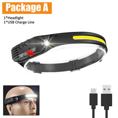 Sensora priekšējais lukturis COB LED priekšējais lukturis USB uzlādējams priekšējais lukturis 10 apgaismojuma režīmi īpaši spilgts priekšējais lukturis ar iebūvētu akumulatoru