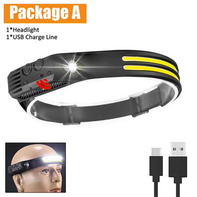 Sensora priekšējais lukturis COB LED priekšējais lukturis USB uzlādējams priekšējais lukturis 10 apgaismojuma režīmi īpaši spilgts priekšējais lukturis ar iebūvētu akumulatoru