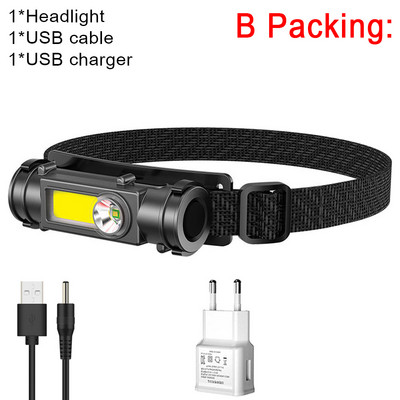 Új hordozható mini nagy teljesítményű LED-es fejlámpa XPE+COB USB újratölthető fényszóró beépített elemmel vízálló fejlámpa fejlámpa