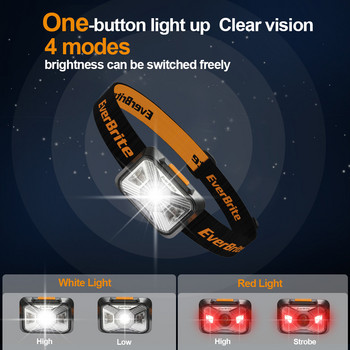 EverBrite LED Headlamp 4 Λειτουργίες φωτισμού Προβολέας IPX4 Αδιάβροχο Ιδανικό για τρέξιμο Camping Πεζοπορία Επαναφορτιζόμενη USB