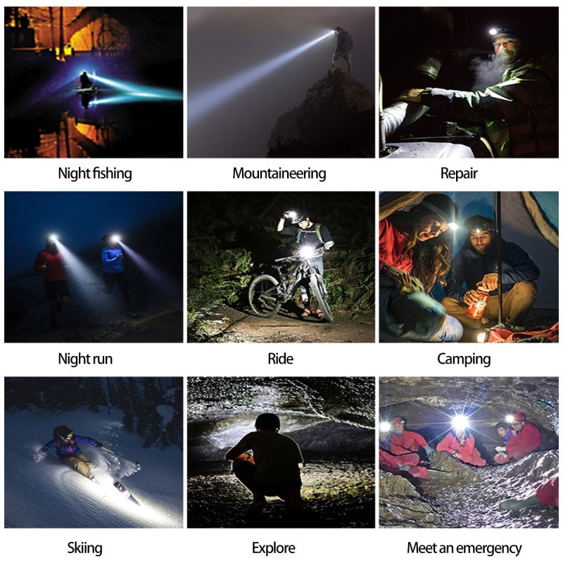 Nou far reîncărcabil prin USB Proiector mare Far multifuncțional montat pe cap Lumină puternică de pescuit pentru camping