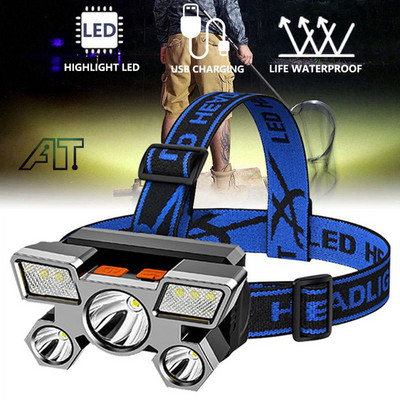 5 db LED erős fényű fejlámpa beépített elemekkel USB újratölthető fejlámpa éjszakai horgász fejlámpa kültéri kemping lámpával