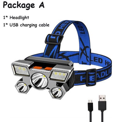 5 vnt LED stiprios šviesos priekinis žibintas su įmontuotomis baterijomis USB įkraunamas priekinis žibintas naktinės žvejybos priekinis žibintas lauko stovyklavimo žibintas