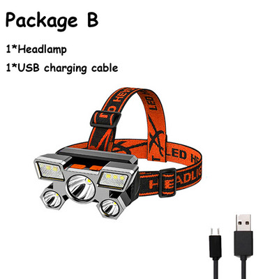 5 vnt LED stiprios šviesos priekinis žibintas su įmontuotomis baterijomis USB įkraunamas priekinis žibintas naktinės žvejybos priekinis žibintas lauko stovyklavimo žibintas