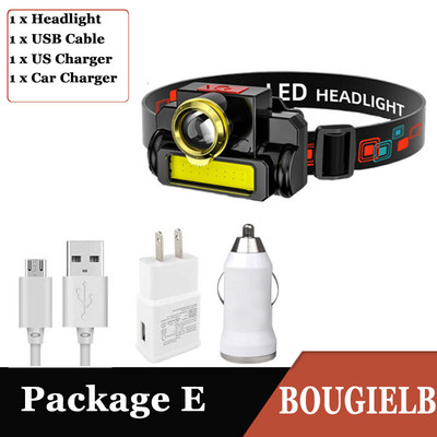 Nagyítható fejlámpa hordozható mini zseblámpa USB újratölthető lámpa XPE+COB LED fényszóró beépített akkumulátorral kültéri kempinglámpa