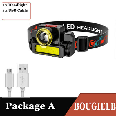 Nagyítható fejlámpa hordozható mini zseblámpa USB újratölthető lámpa XPE+COB LED fényszóró beépített akkumulátorral kültéri kempinglámpa