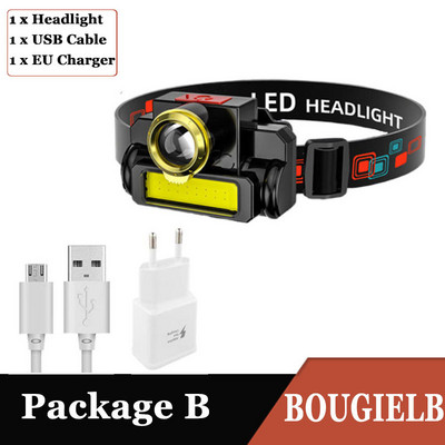 Nagyítható fejlámpa hordozható mini zseblámpa USB újratölthető lámpa XPE+COB LED fényszóró beépített akkumulátorral kültéri kempinglámpa