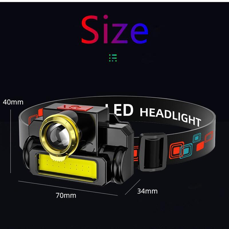 Nagyítható fejlámpa hordozható mini zseblámpa USB újratölthető lámpa XPE+COB LED fényszóró beépített akkumulátorral kültéri kempinglámpa