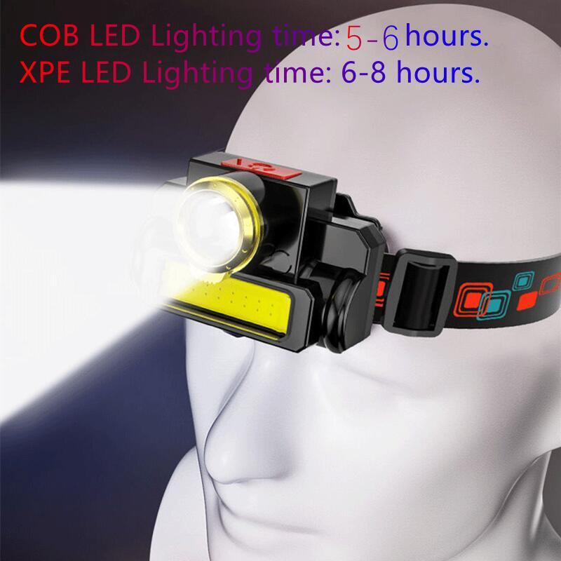 Nagyítható fejlámpa hordozható mini zseblámpa USB újratölthető lámpa XPE+COB LED fényszóró beépített akkumulátorral kültéri kempinglámpa
