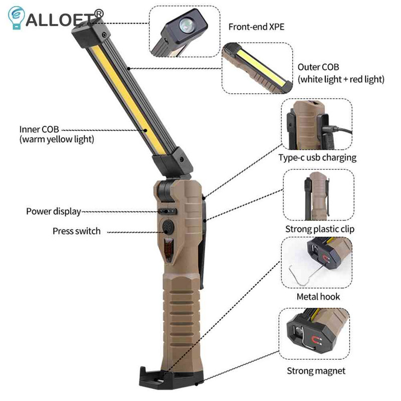 Rankinis 400 liumenų C tipo USB įkraunamas žibintuvėlis, skirtas lauko automobilių remontui, darbo lemputė su galios indikatoriumi