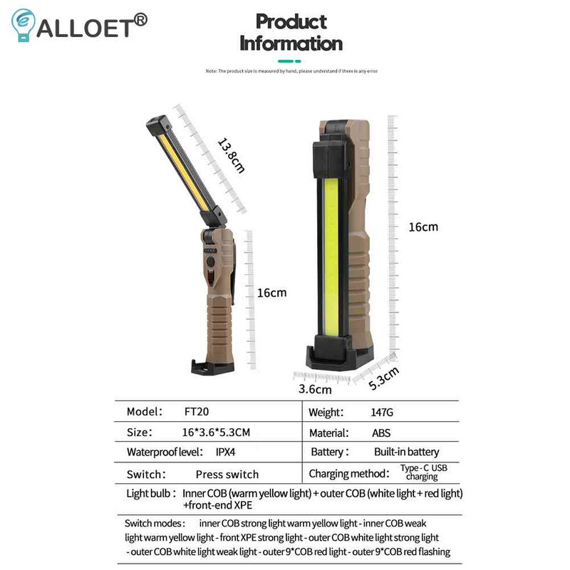 Rankinis 400 liumenų C tipo USB įkraunamas žibintuvėlis, skirtas lauko automobilių remontui, darbo lemputė su galios indikatoriumi
