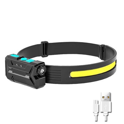 Indukčný čelovkový svietidlo COB LED čelovka so vstavanou batériou, pracovná lampa, baterka, nabíjateľná USB čelovka, 5 režimov svietenia
