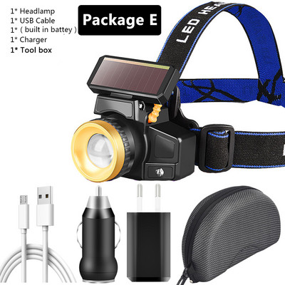 Solárny senzor LED čelovky USB nabíjateľná vstavaná batéria 18650 čelovka Zoom vodotesná čelovka XM-L T6 baterka