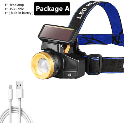 Solárny senzor LED čelovky USB nabíjateľná vstavaná batéria 18650 čelovka Zoom vodotesná čelovka XM-L T6 baterka