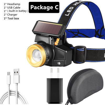 Solárny senzor LED čelovky USB nabíjateľná vstavaná batéria 18650 čelovka Zoom vodotesná čelovka XM-L T6 baterka