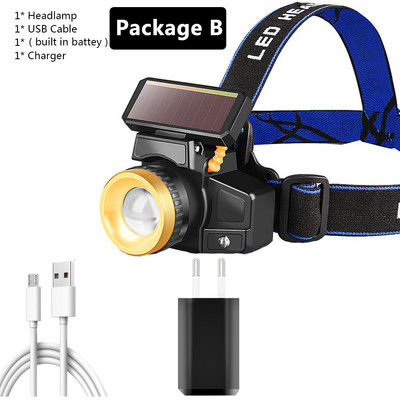 Solárny senzor LED čelovky USB nabíjateľná vstavaná batéria 18650 čelovka Zoom vodotesná čelovka XM-L T6 baterka