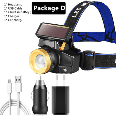 Solárny senzor LED čelovky USB nabíjateľná vstavaná batéria 18650 čelovka Zoom vodotesná čelovka XM-L T6 baterka