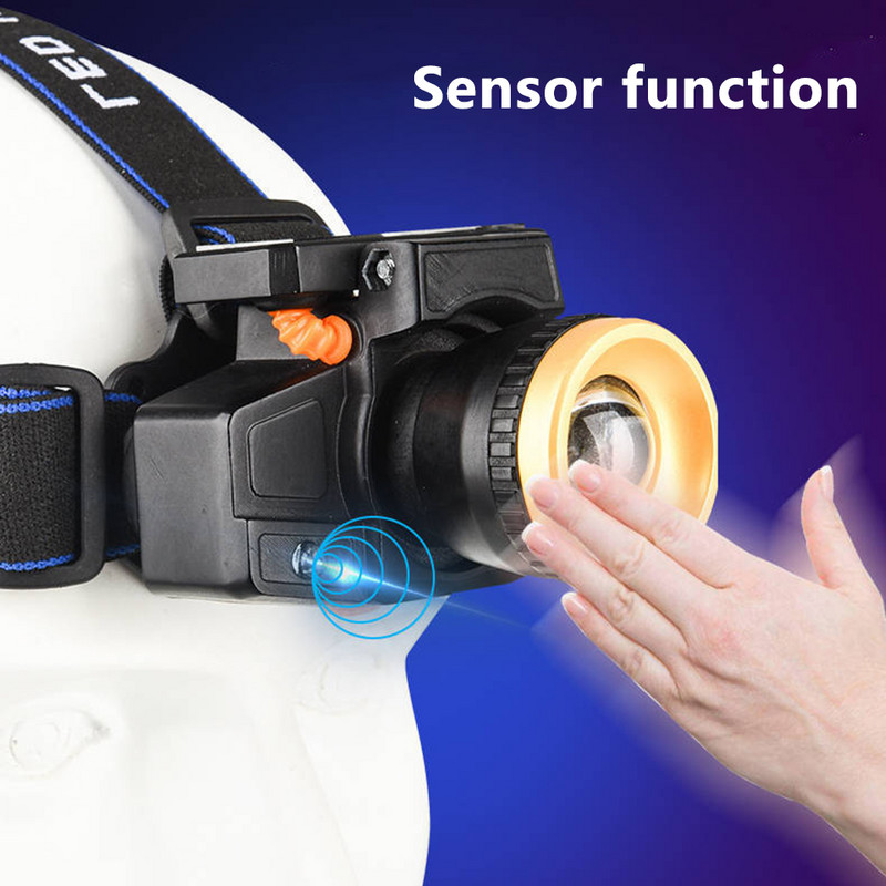 Solárny senzor LED čelovky USB nabíjateľná vstavaná batéria 18650 čelovka Zoom vodotesná čelovka XM-L T6 baterka