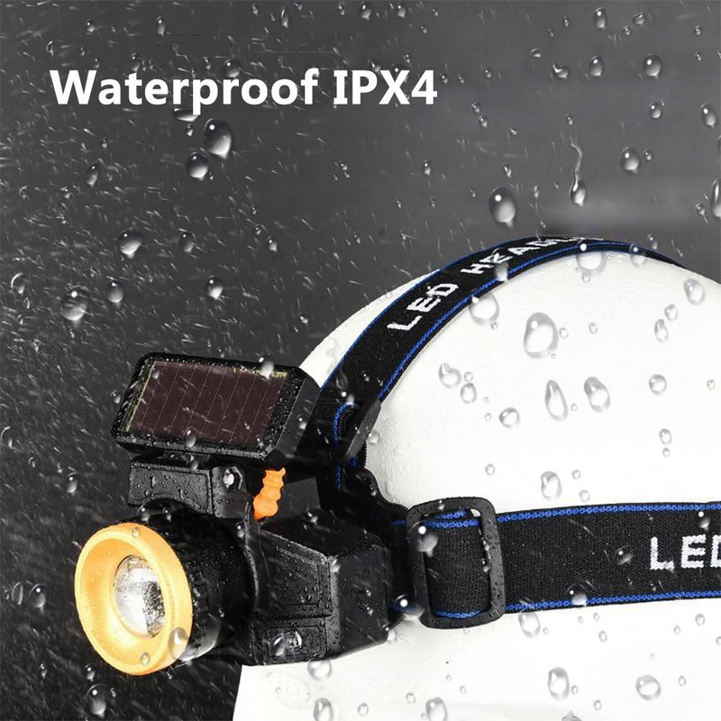 Solárny senzor LED čelovky USB nabíjateľná vstavaná batéria 18650 čelovka Zoom vodotesná čelovka XM-L T6 baterka