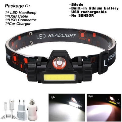 Erőteljes fejlámpa USB újratölthető LED-es fényszóró test mozgásérzékelő fej zseblámpa Beépített lítium elemes zseblámpa lámpa