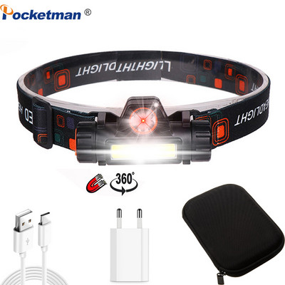 Far cu LED COB de înaltă luminozitate Lanț frontal reîncărcabil prin USB cu fascicul larg Lampă frontală portabilă Baterie încorporată Lampă frontală Alergare Pescuit