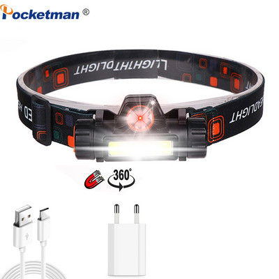 Far cu LED COB de înaltă luminozitate Lanț frontal reîncărcabil prin USB cu fascicul larg Lampă frontală portabilă Baterie încorporată Lampă frontală Alergare Pescuit