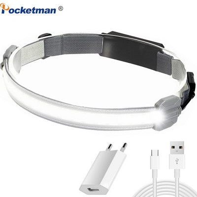 Far cu LED COB de înaltă luminozitate Lanț frontal reîncărcabil prin USB cu fascicul larg Lampă frontală portabilă Baterie încorporată Lampă frontală Alergare Pescuit