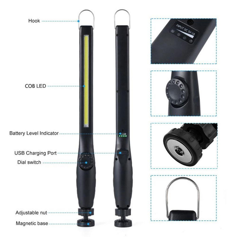 Patikimas prožektorius COB LED darbo šviesos mechaninis tikrinimo žibintuvėlis žibintuvėlis USB įkraunama lauko lempa juoda spalva