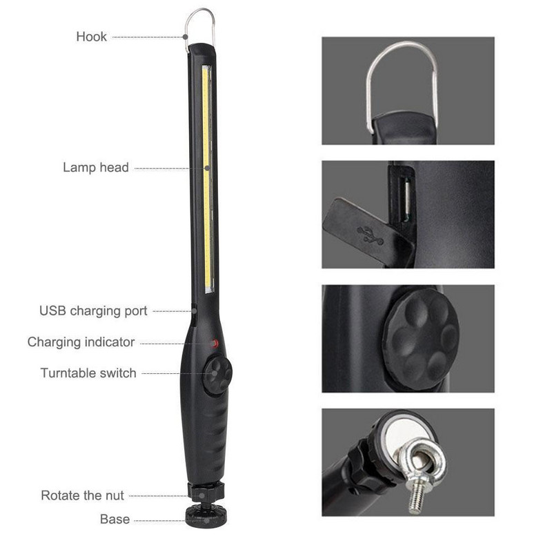 Patikimas prožektorius COB LED darbo šviesos mechaninis tikrinimo žibintuvėlis žibintuvėlis USB įkraunama lauko lempa juoda spalva