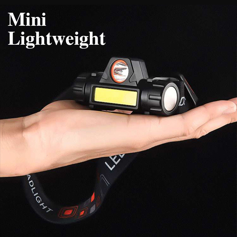 Prenosná mini výkonná LED čelovka XPE+COB USB nabíjateľná čelovka so vstavanou batériou, vodotesná čelovka, lampáš