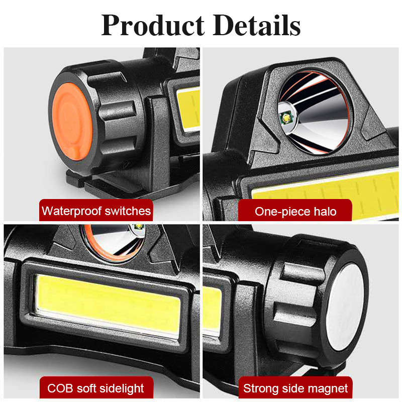 Prenosná mini výkonná LED čelovka XPE+COB USB nabíjateľná čelovka so vstavanou batériou, vodotesná čelovka, lampáš