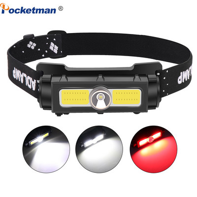 Super výkonná COB LED čelová lampa, vodotesná čelová lampa s bielym/červeným výstražným svetlom, nabíjateľná čelová lampa s USB...