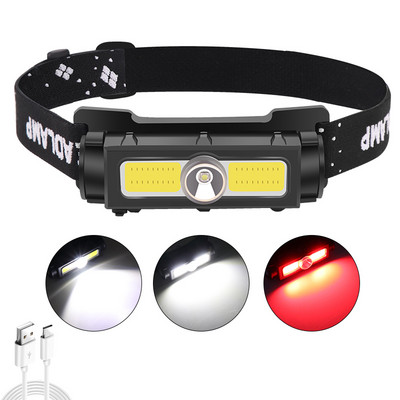 Super výkonná COB LED čelová lampa, vodotesná čelová lampa s bielym/červeným výstražným svetlom, nabíjateľná čelová lampa s USB...