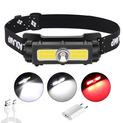 Super výkonná COB LED čelová lampa, vodotesná čelová lampa s bielym/červeným výstražným svetlom, nabíjateľná čelová lampa s USB...
