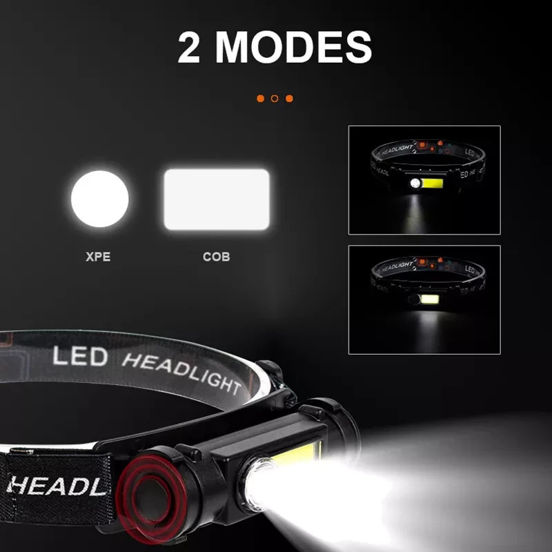 Erőteljes LED-es fényszóró 2 üzemmódban XPE+COB fényszórófej zseblámpa Zseblámpa Beépített elemes fejlámpa horgászathoz