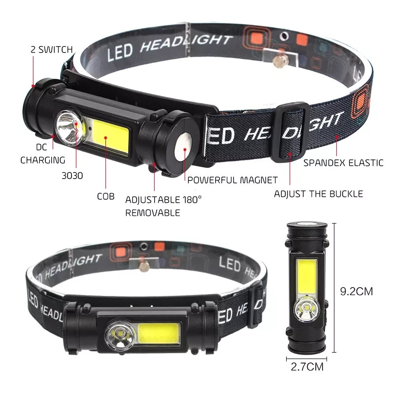 Erőteljes LED-es fényszóró 2 üzemmódban XPE+COB fényszórófej zseblámpa Zseblámpa Beépített elemes fejlámpa horgászathoz