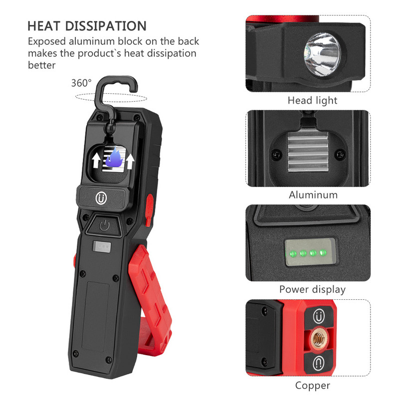 Mágneses COB LED munkalámpa USB töltő zseblámpa ellenőrző lámpa praktikus zseblámpa hordozható lámpás horoggal, mobil tápegységgel