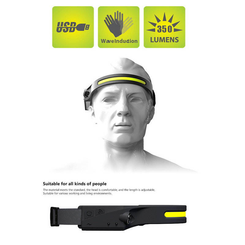 Lampă frontală XPE COB LED, lanternă reîncărcabilă prin USB, comutator inductiv, far, extensibil, cu senzor puternic