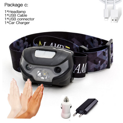 Induktív szenzoros LED fejlámpa 6000LM Szuper fényes Beépített akkumulátor USB újratölthető 5Modes LED fényszóró futáshoz, horgászathoz