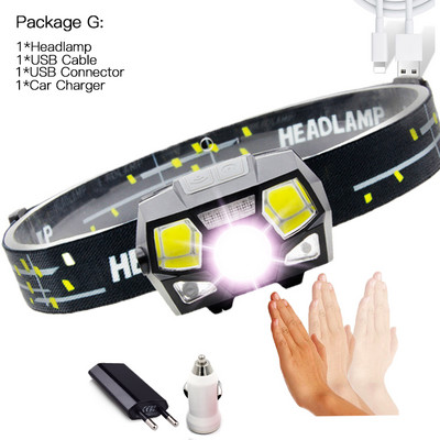 Induktív szenzoros LED fejlámpa 6000LM Szuper fényes Beépített akkumulátor USB újratölthető 5Modes LED fényszóró futáshoz, horgászathoz