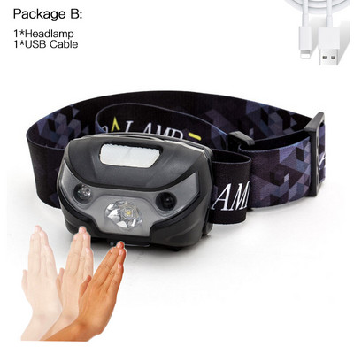 Induktív szenzoros LED fejlámpa 6000LM Szuper fényes Beépített akkumulátor USB újratölthető 5Modes LED fényszóró futáshoz, horgászathoz