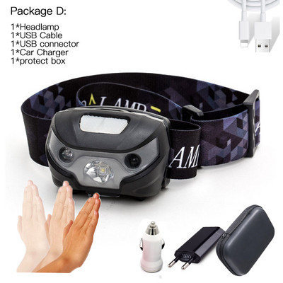 Induktív szenzoros LED fejlámpa 6000LM Szuper fényes Beépített akkumulátor USB újratölthető 5Modes LED fényszóró futáshoz, horgászathoz