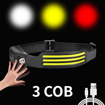 COB+XPE LED čelovka so senzorom, 350lm, nabíjateľná čelovka s USB TYPE-C a vstavanou batériou 18650, predné lampy